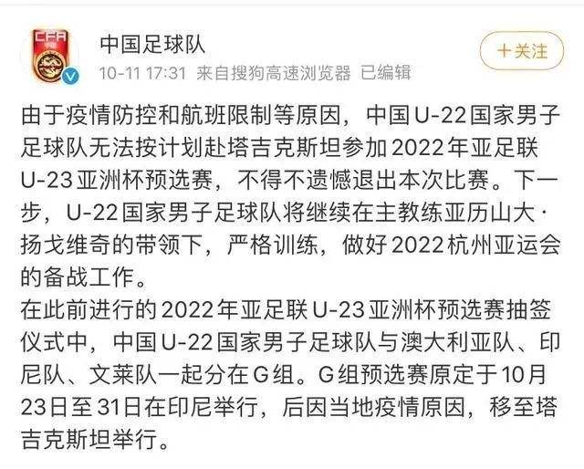 关于中国放弃承办2022年U23亚洲杯的信息