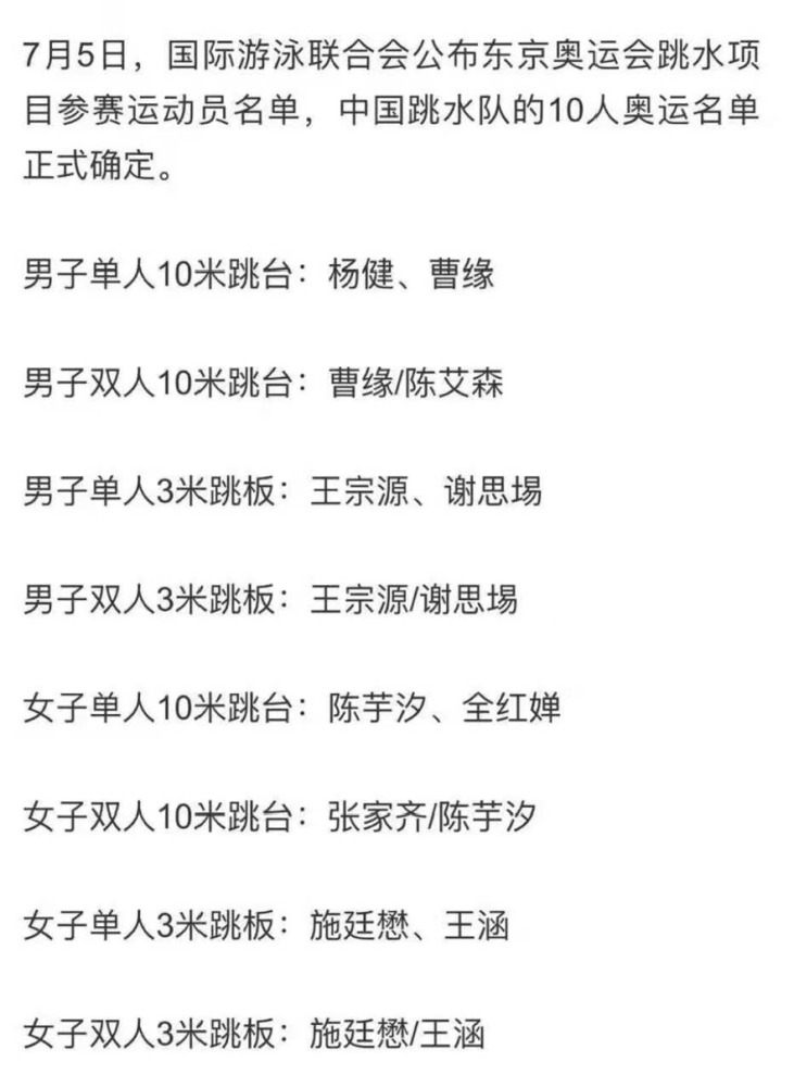 中国游泳队公布东京奥运名单，中国游泳队公布东京奥运名单张翼飞!