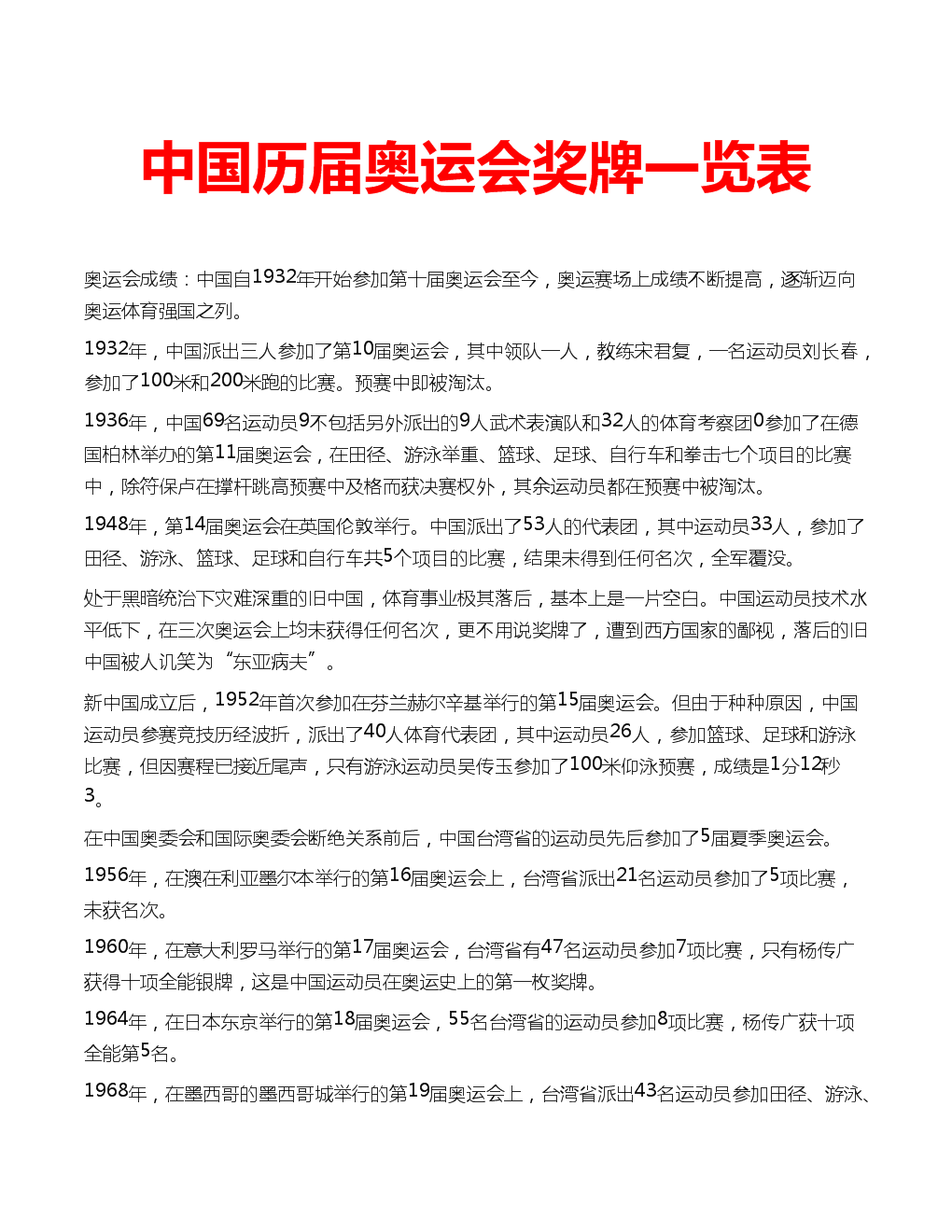 历届奥运会列表，历届奥运会详细列表!