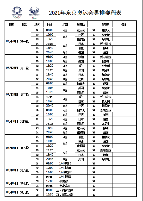 赛程表奥运会，赛程表奥运会乒乓球!