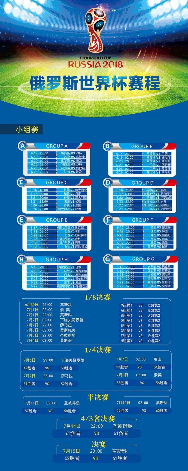 2018世界杯赛程表，2018世界杯半决赛对阵!