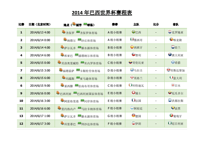 2014世界杯时间，2014年世界杯时间表!